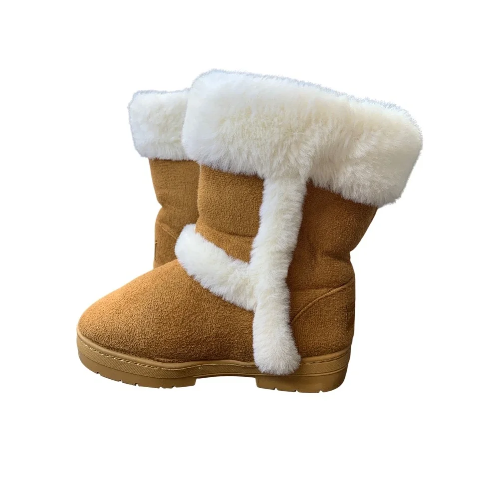 Bebe Girls Faux Fur Winter Boots Tan Brown‎ w/ Rhinestone Buckle Accent Size 11